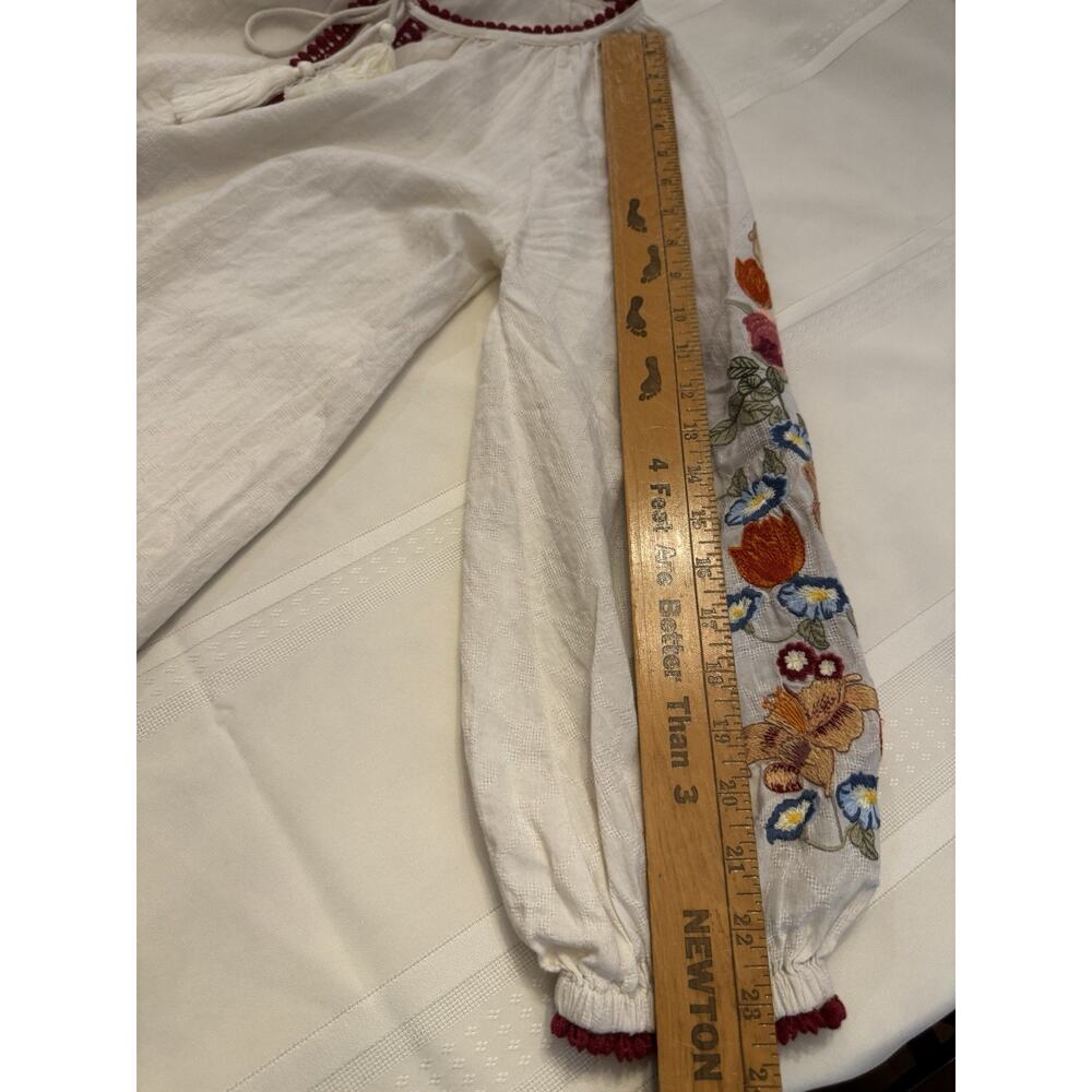 Sundance Sz PS Ivory Linen Embroidered Peasant Blouse Tassels Boho Cream - Picture 9 of 11